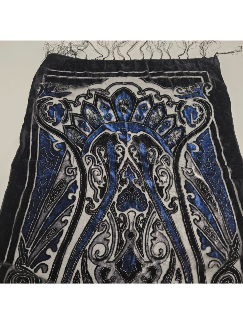 Velvet Embroidered Black & Blue Paisley Scarf With Fringe 20"x62" - Picture 6 of 6